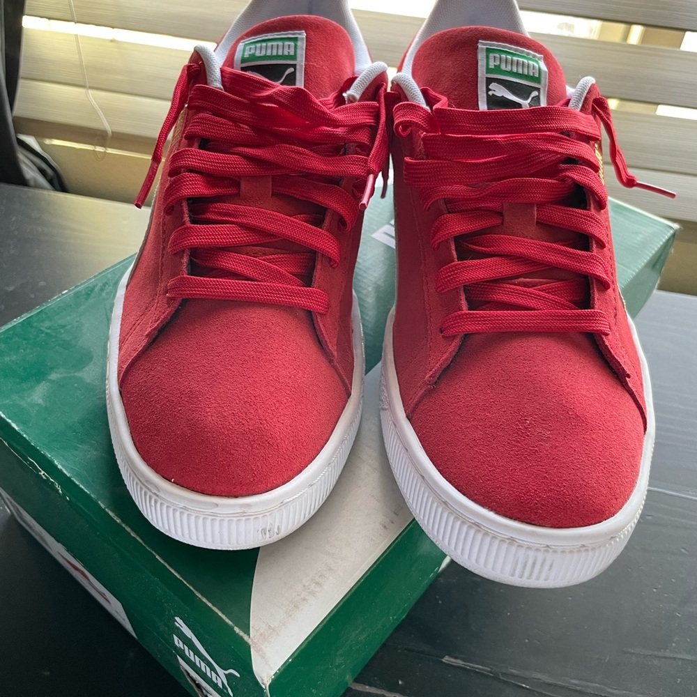 Puma Red Suede Low Top Sneakers with White Soles